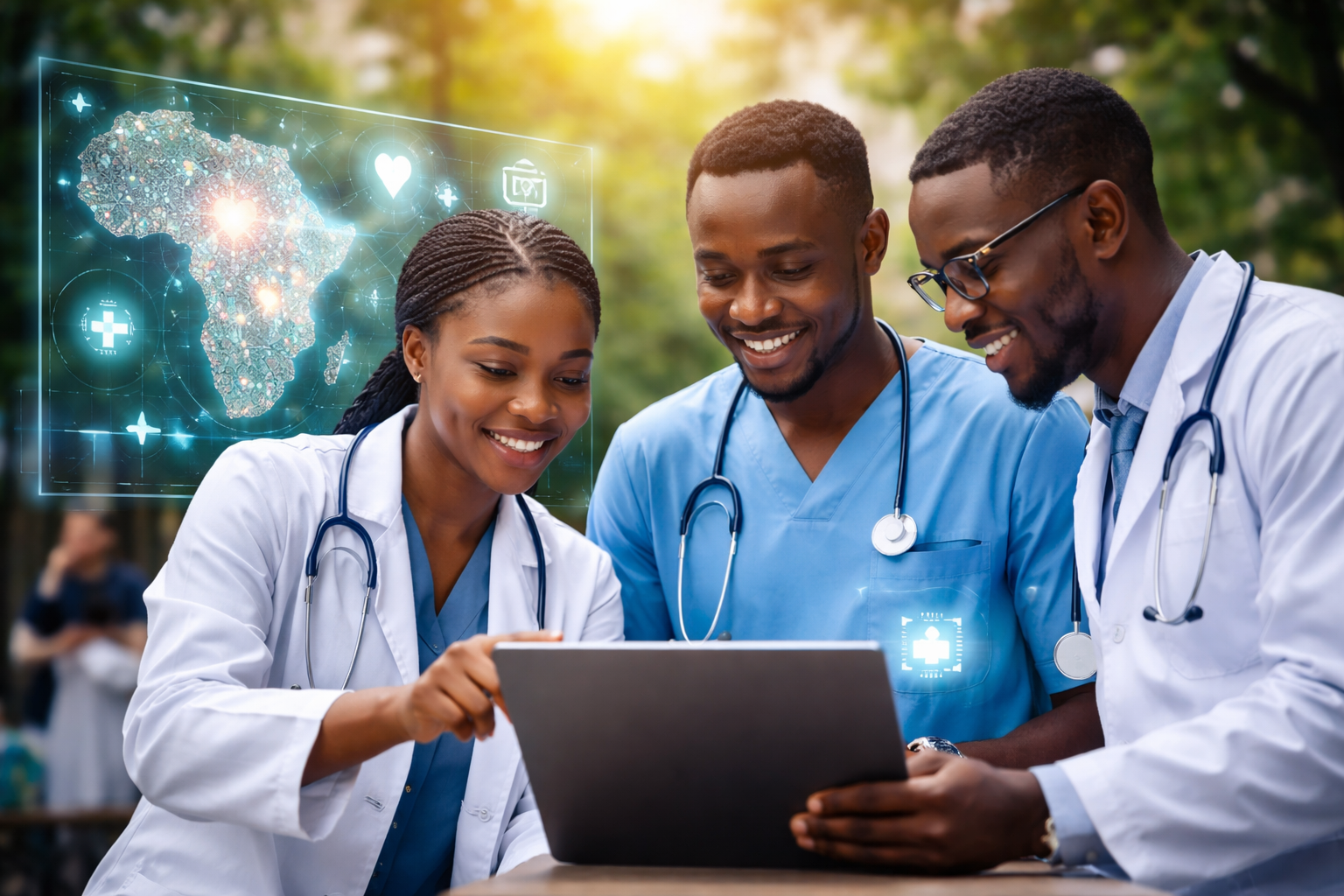 African healthcare professionals using AI technology for public health