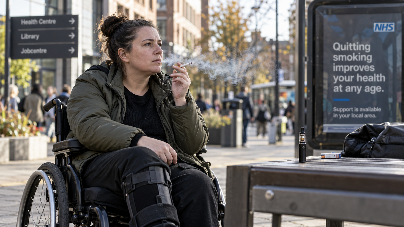 A woman in a wheelchair smoking a cigarette on a UK high street, with an e-cigarette and a cigarette packet on a nearby bench and an NHS poster about quitting smoking