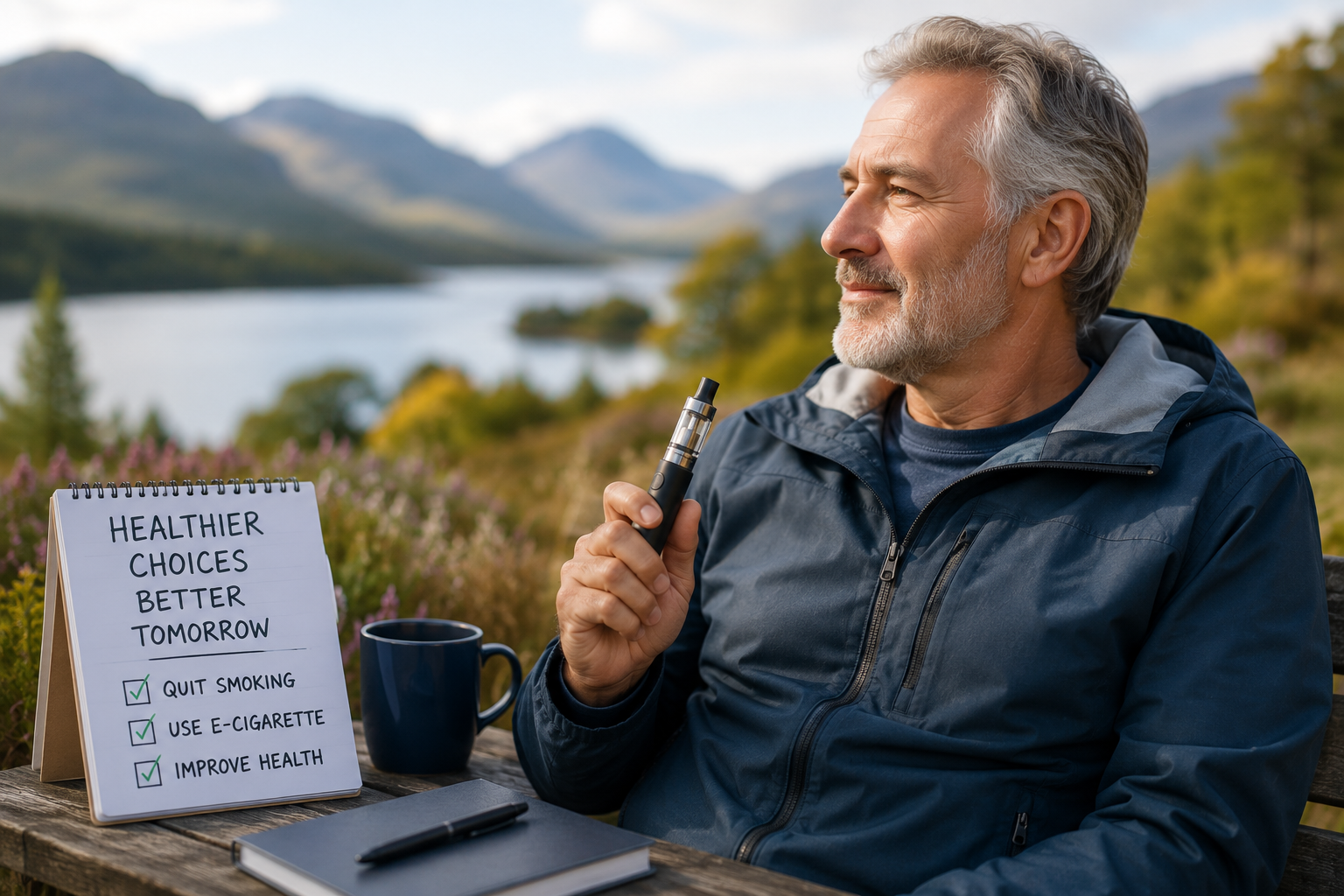 A man in Scotland vaping outdoors beside a note reading healthier choices, better tomorrow, with a checklist to quit smoking, use an e-cigarette, and improve health