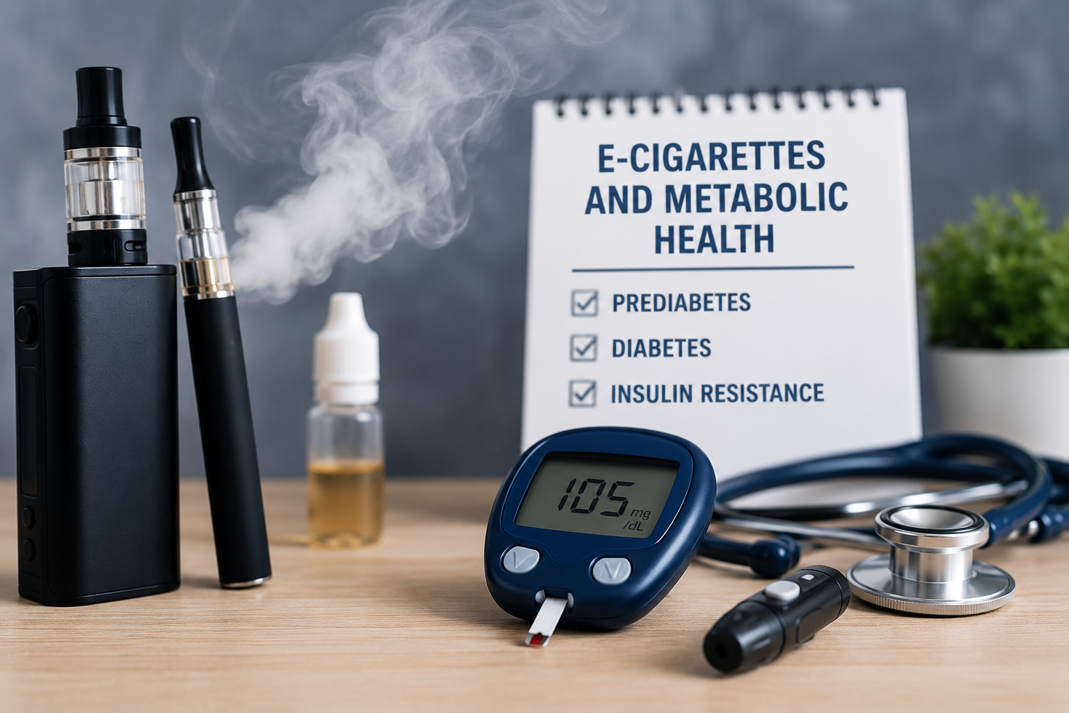 E-cigarettes, a blood glucose meter reading 105 mg/dL, and a stethoscope beside a notepad listing prediabetes, diabetes, and insulin resistance