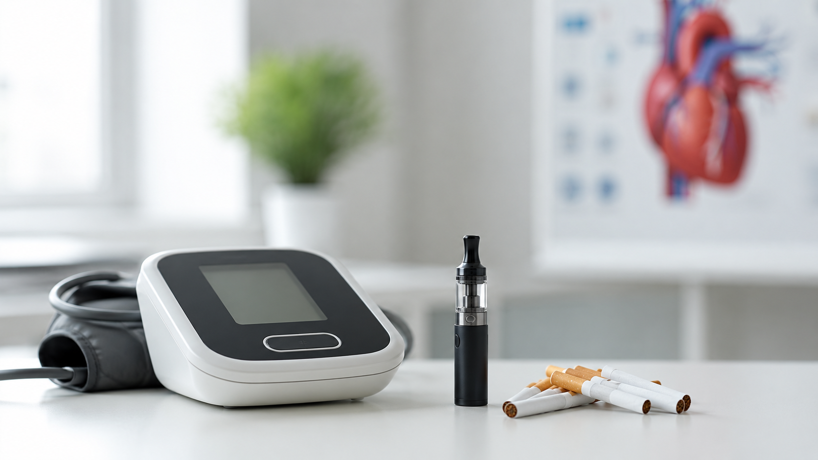 A blood pressure monitor with its cuff, an e-cigarette, and a small pile of combustible cigarettes on a clinic desk, with an anatomical heart poster in the background