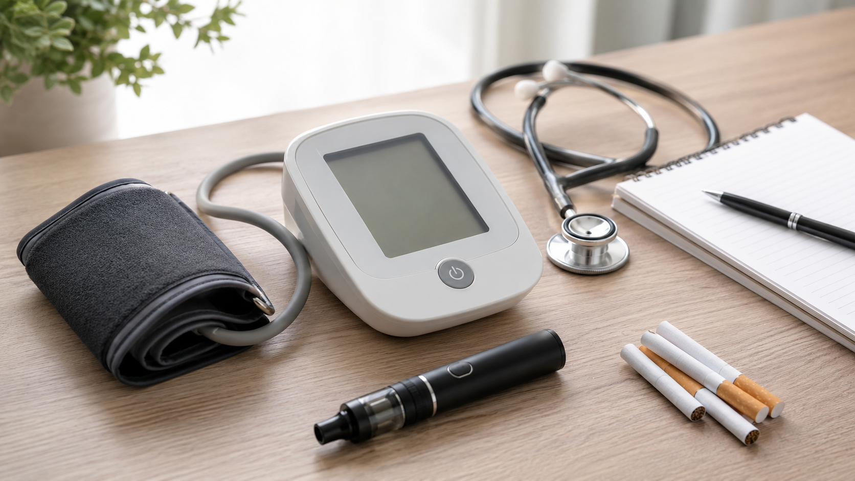 Blood pressure monitor, stethoscope, e-cigarette, and cigarettes on a desk
