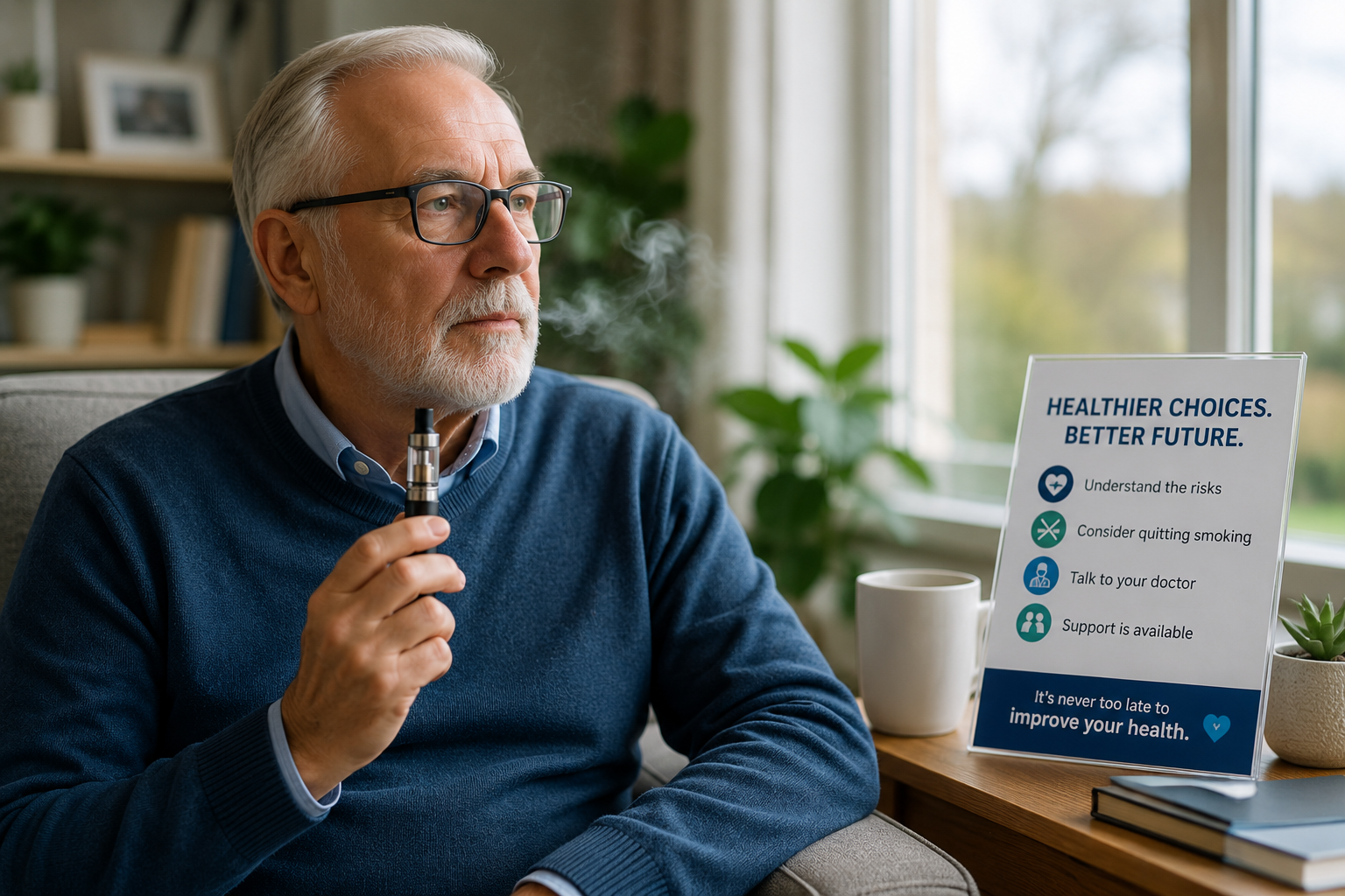 An older man using an e-cigarette at home beside a sign encouraging healthier choices and quitting smoking