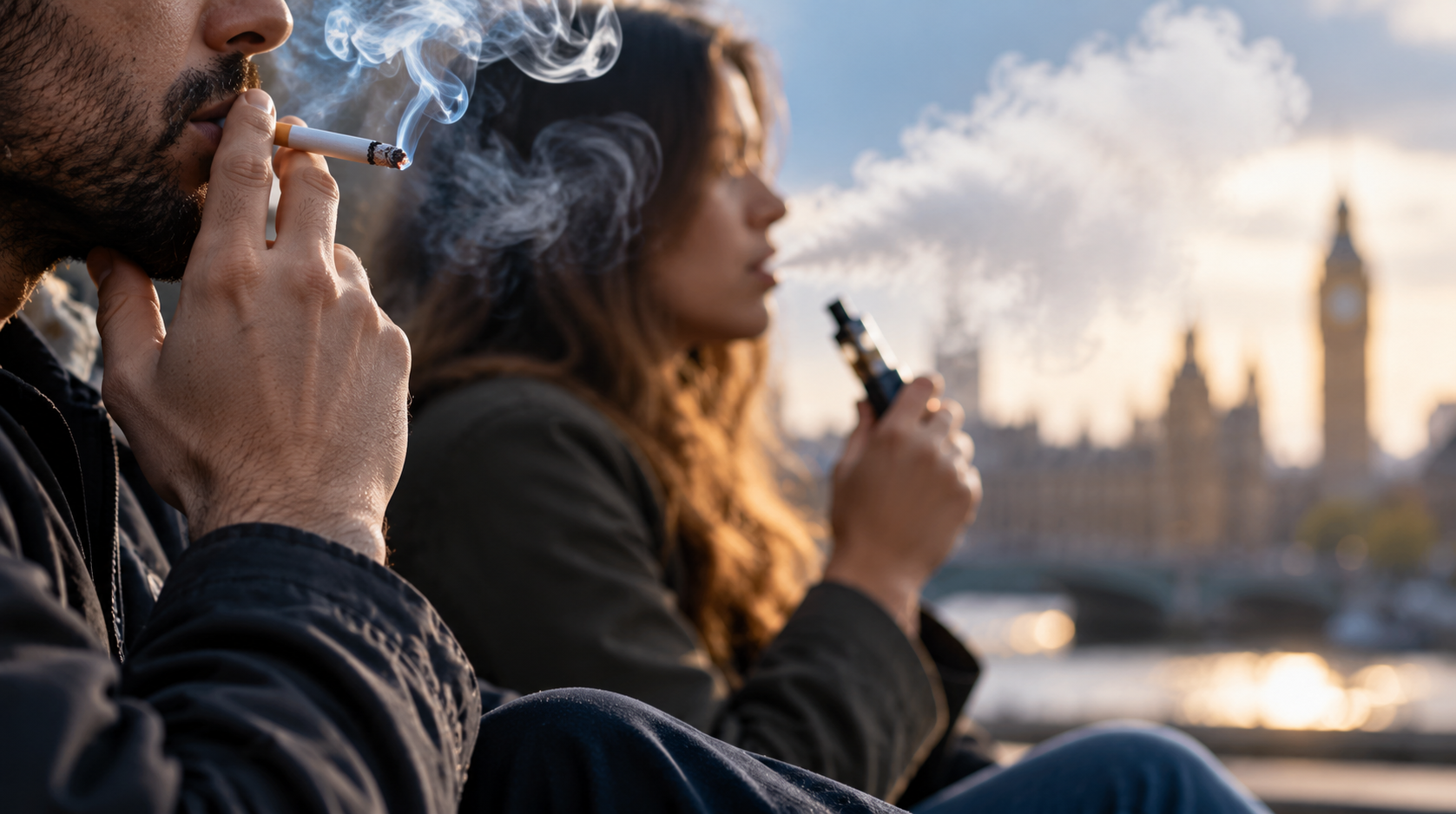 A man smoking a cigarette and a woman exhaling e-cigarette vapour beside the River Thames, with the Houses of Parliament and Big Ben in the background
