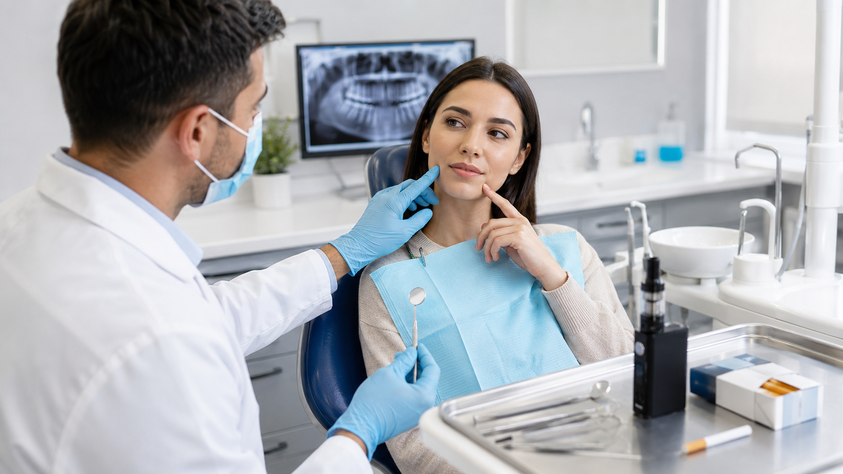 A dentist examines a female patient's teeth in a dental clinic, with an e-cigarette and cigarettes on the instrument tray