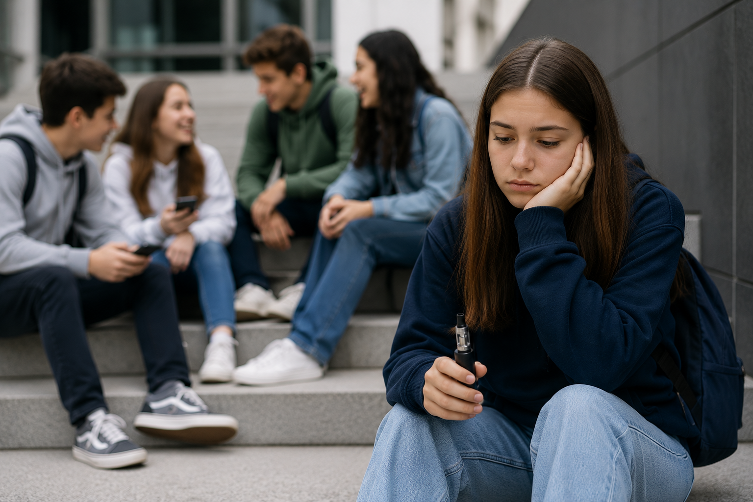A teenage girl holding an e-cigarette sits apart, looking downcast, while other adolescents talk together in the background